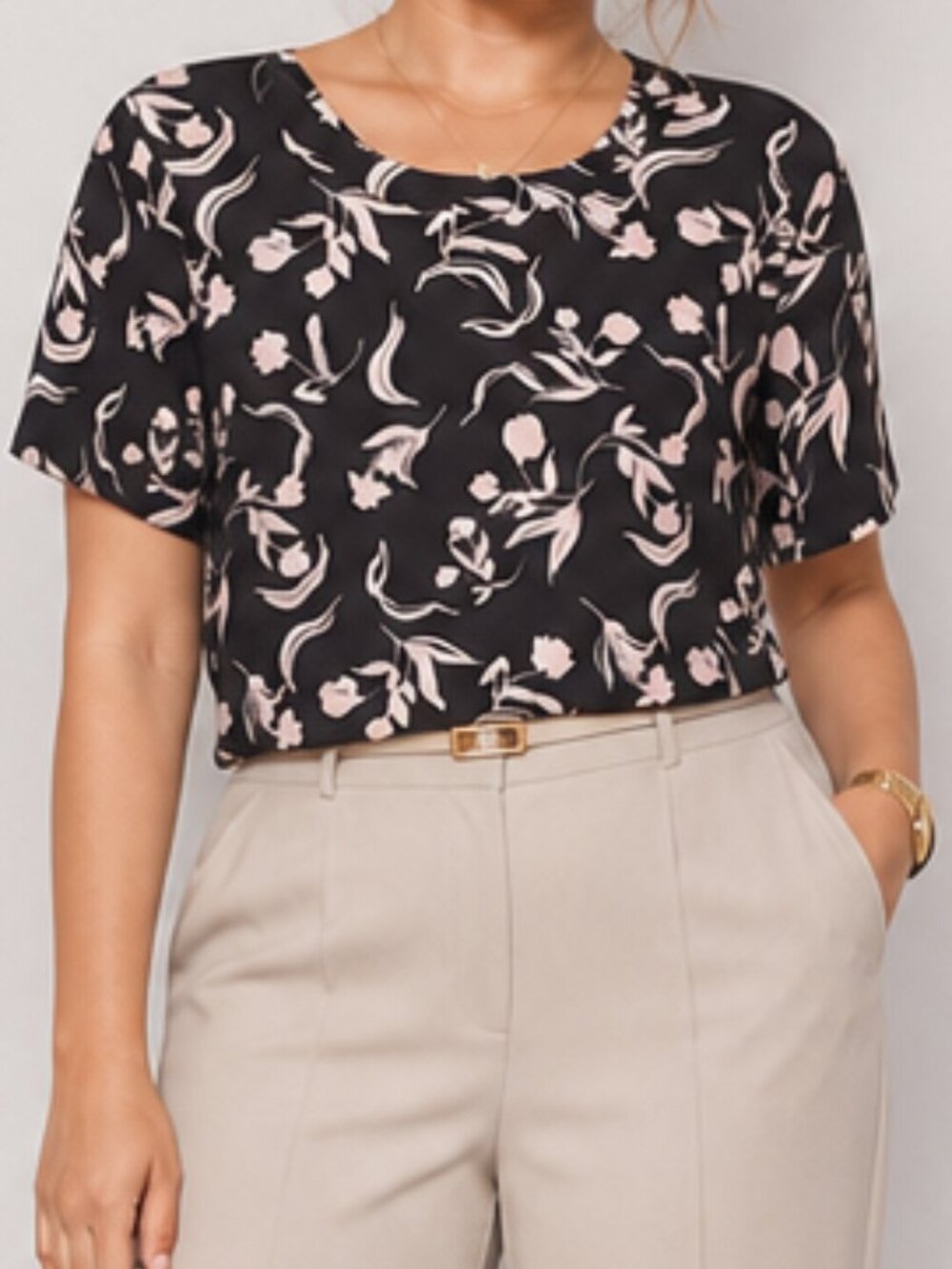 Halogen Office Dressy Floral Short Sleeve Sheer Blouse XL Cream Black